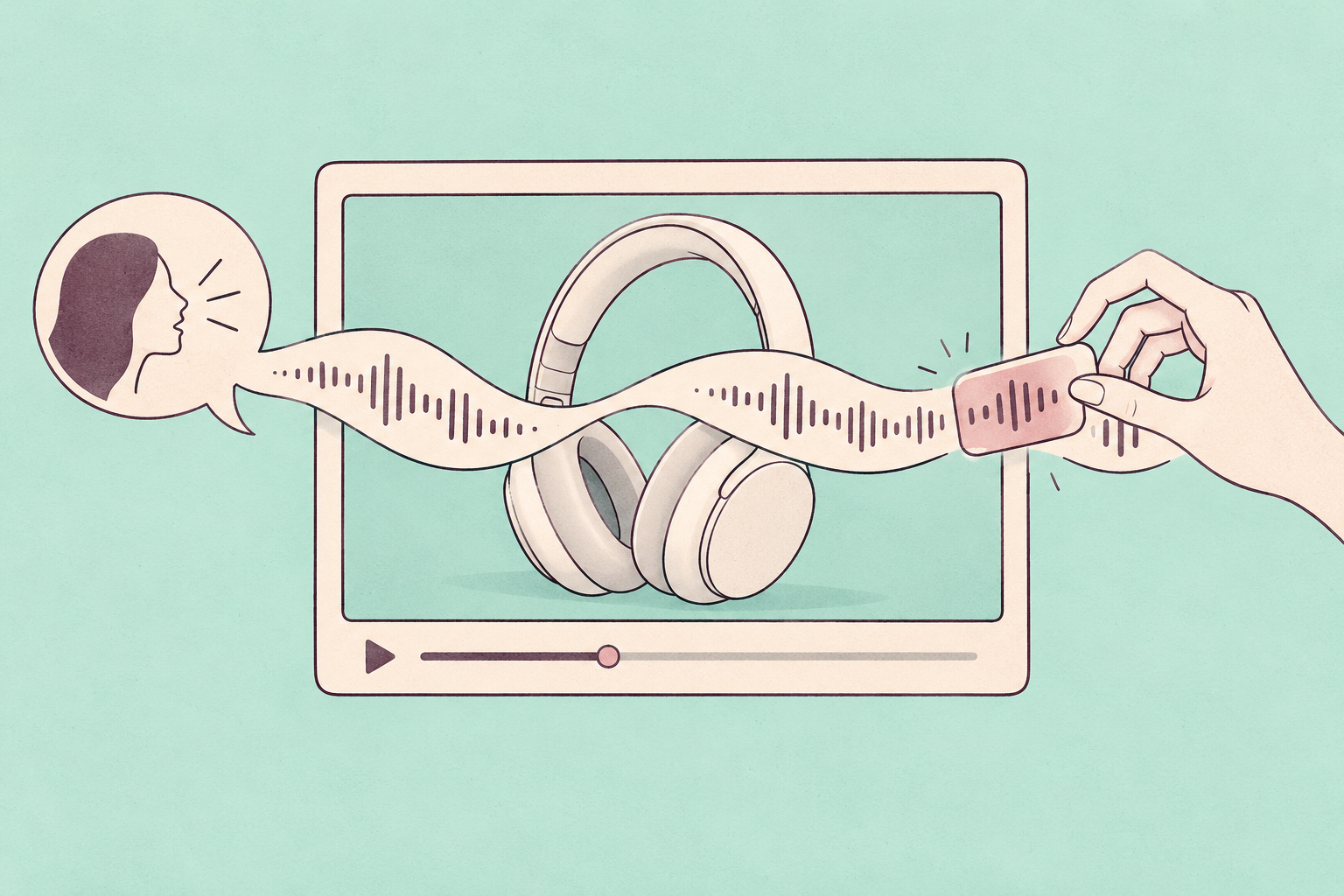 A headphone product film with a speech ribbon and a hand refining its narration, illustrated in cream and plum on mint