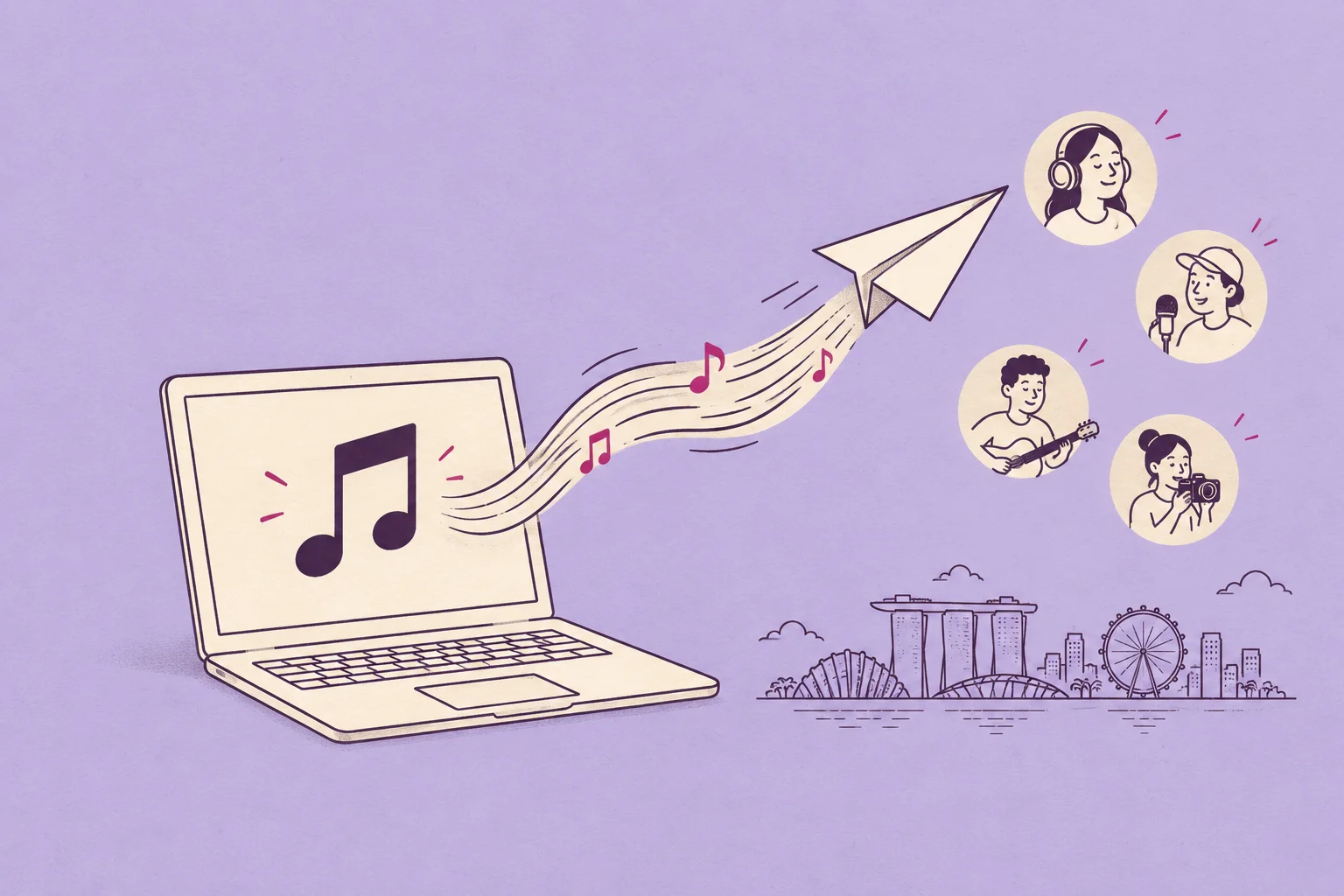 A cream laptop with a large music note on screen and a paper airplane carrying a sound ribbon outward; a Singapore audio startup reaching more creators.