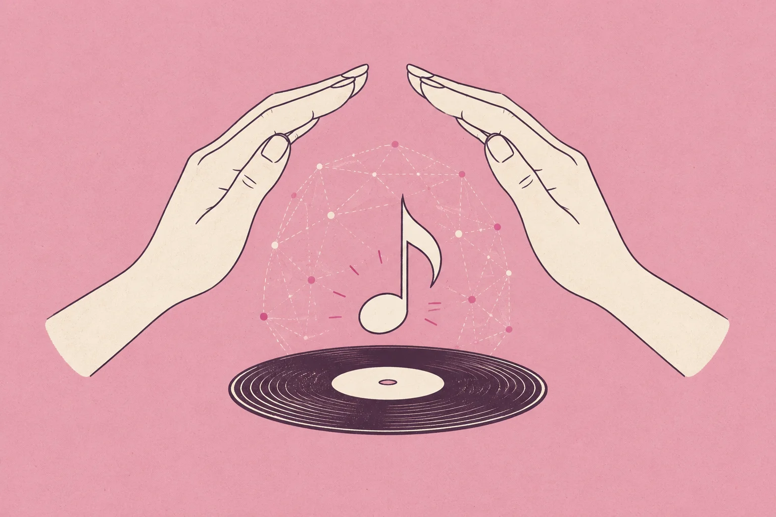Two cream hands sheltering a musical note above a small record, with a delicate dotted digital network behind it; protecting musicians in the age of AI.