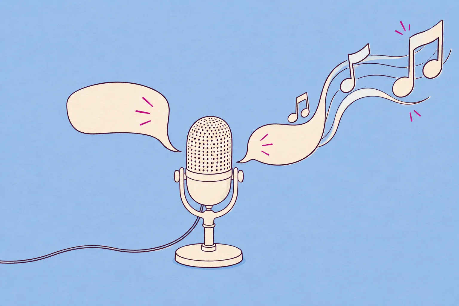 A cream broadcast microphone with two conversational speech ribbons becoming flowing musical notes; an interview about AI music.