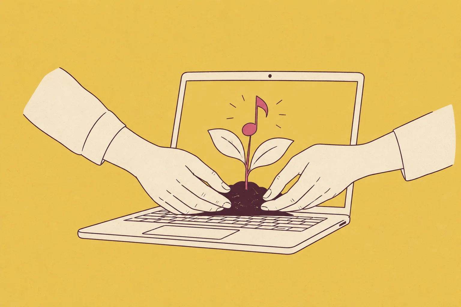 Two cream hands carefully placing a small musical seedling inside an open laptop, two broad leaves and a note-shaped bud; investment nurturing audio innovation.