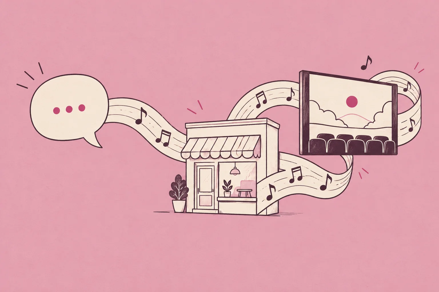 A cream speech bubble feeds a graceful music ribbon that wraps around a small storefront and a film screen; conversational music creation for businesses.