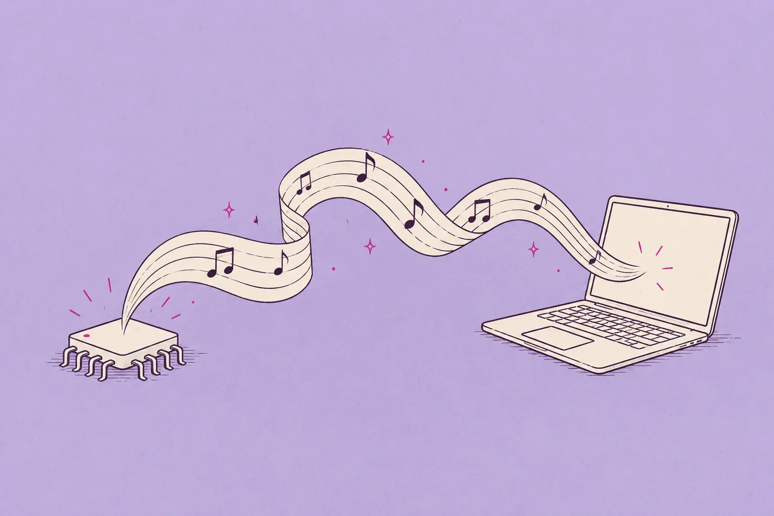 A small cream computer chip like a stage with a curved musical ribbon emerging and unfolding toward an open laptop; music creation at the edge.