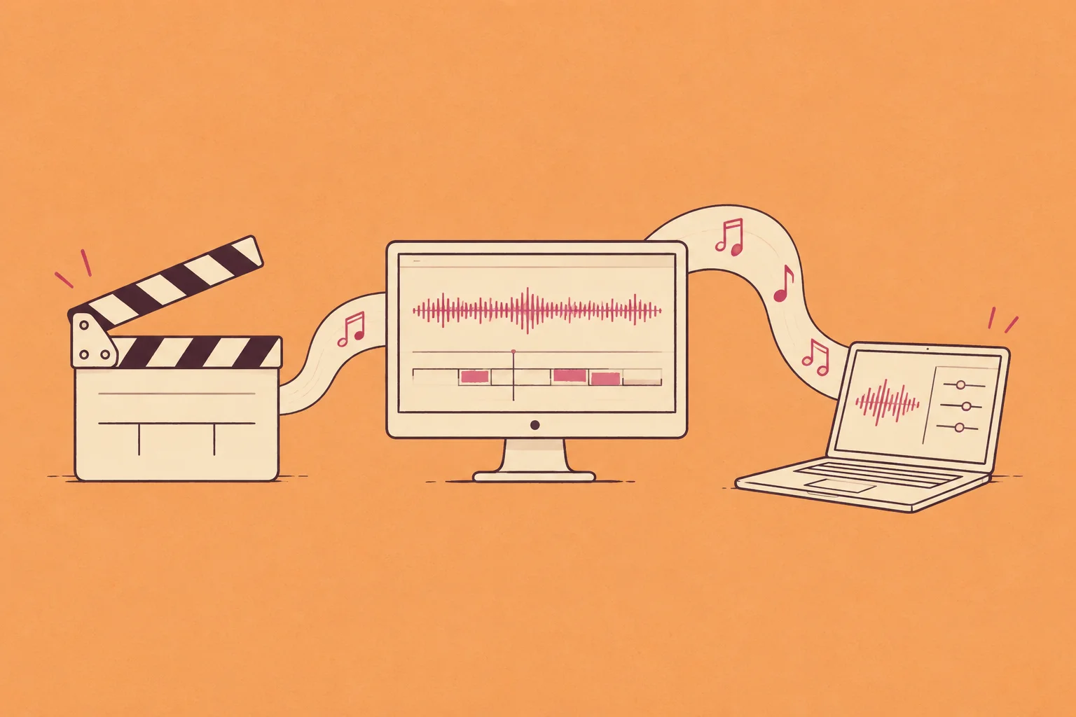 A cream film clapperboard and simple monitor connected by a gracefully looping music ribbon to a small laptop; audio tools for media makers.