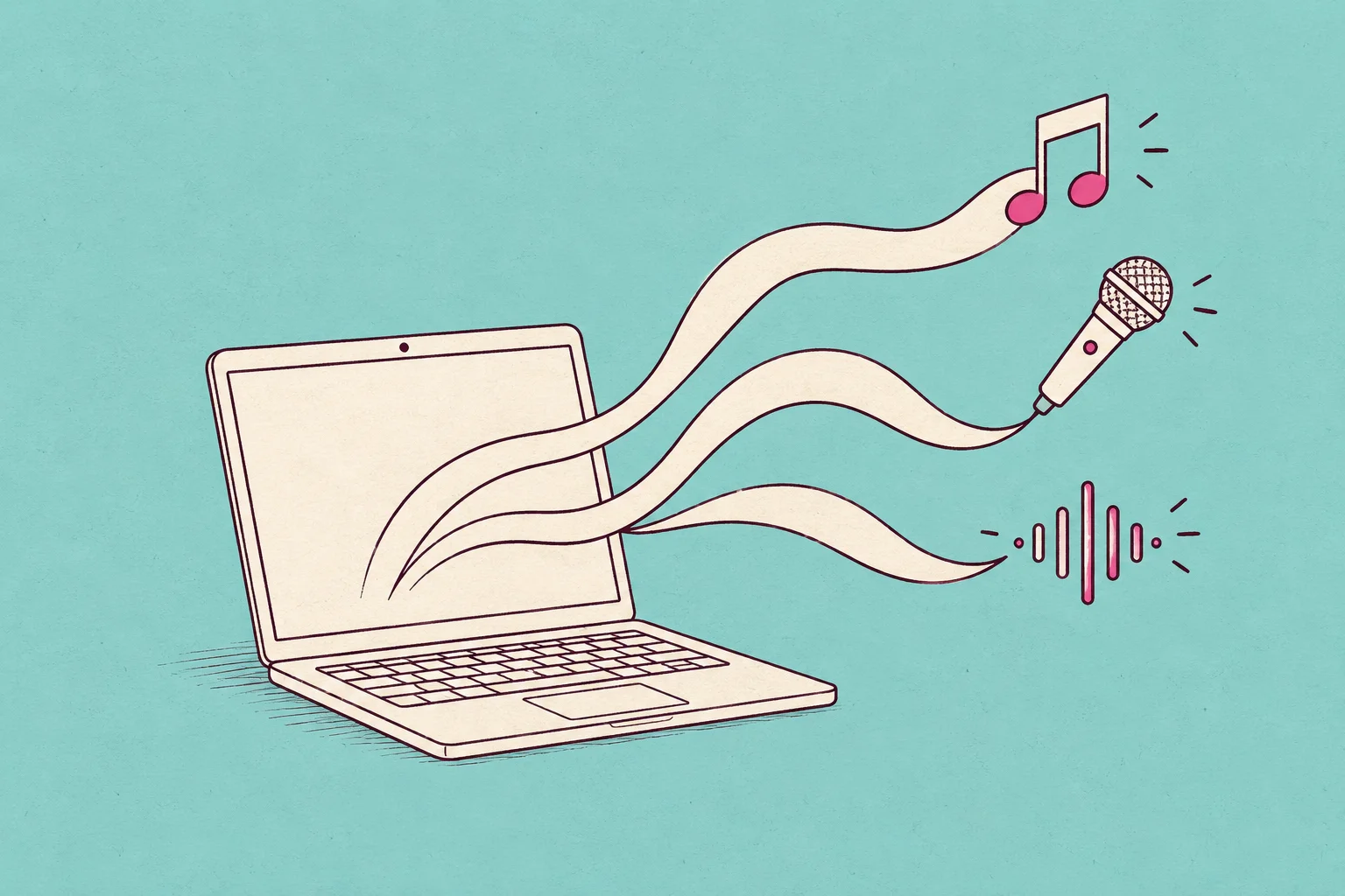 An open cream laptop whose screen releases three flowing ribbons ending in a musical note, microphone and sound wave; audio creation directly on a personal computer.