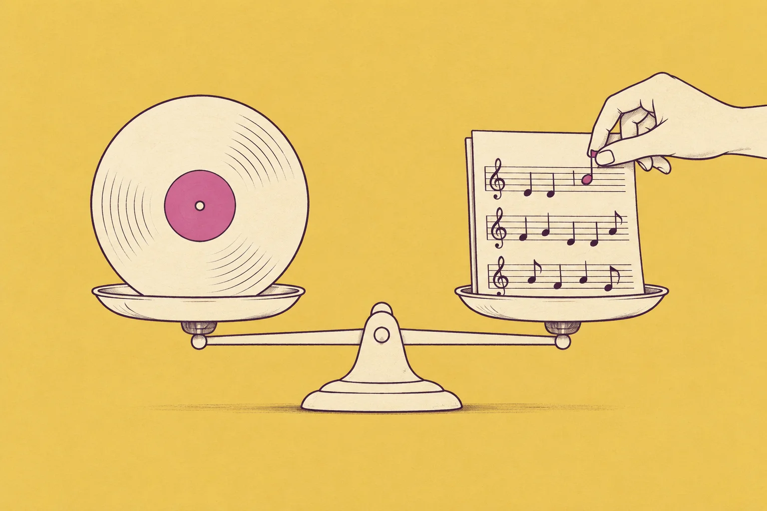 A cream vinyl record balanced on a small scale opposite a sheet of musical notes, a gentle hand adjusting one note; ethical AI music and artist rights.