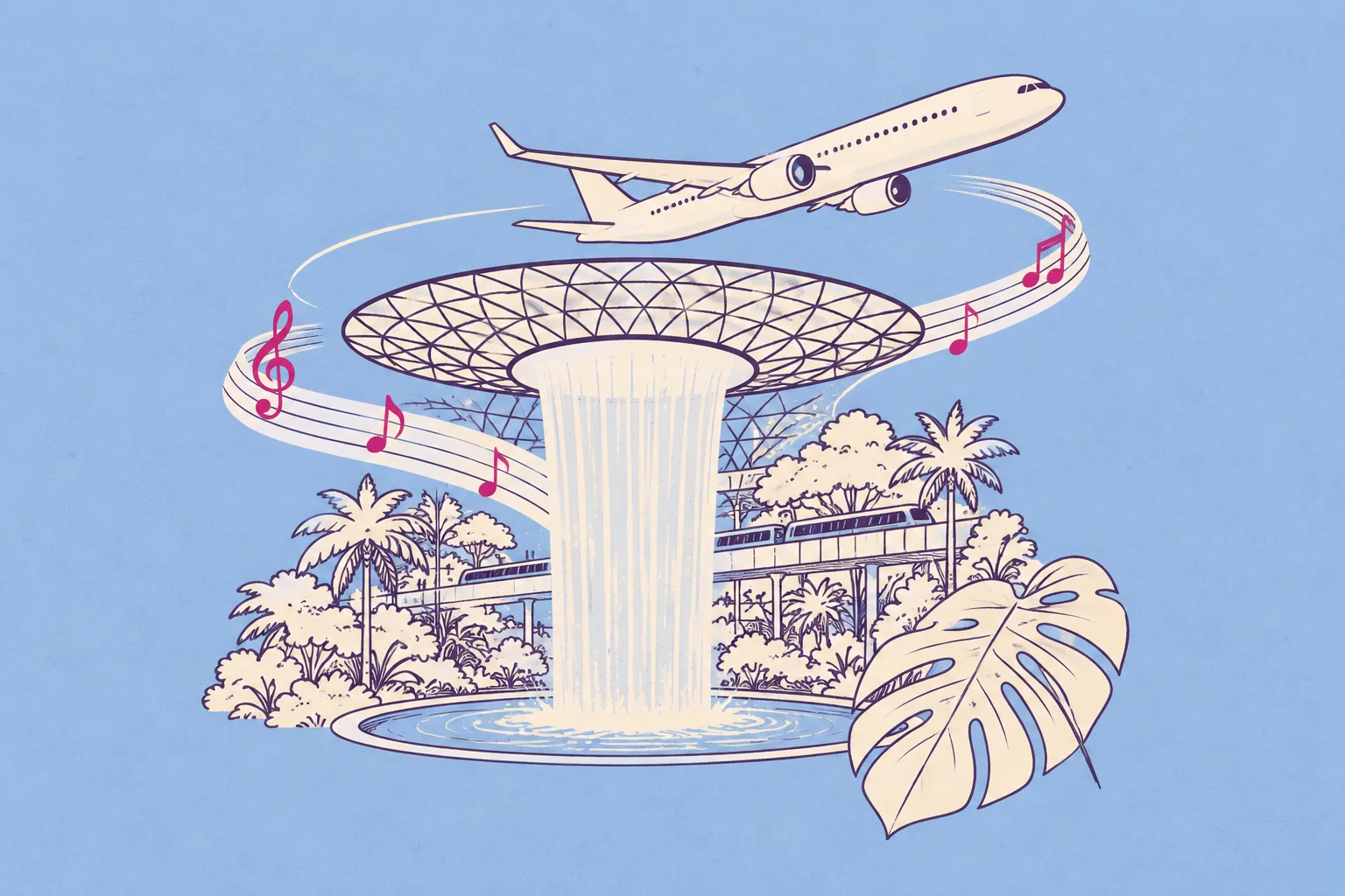 A cream airplane above a stylized indoor waterfall and a single tropical leaf, a music ribbon curls around the garden; a Singapore airport soundtrack.