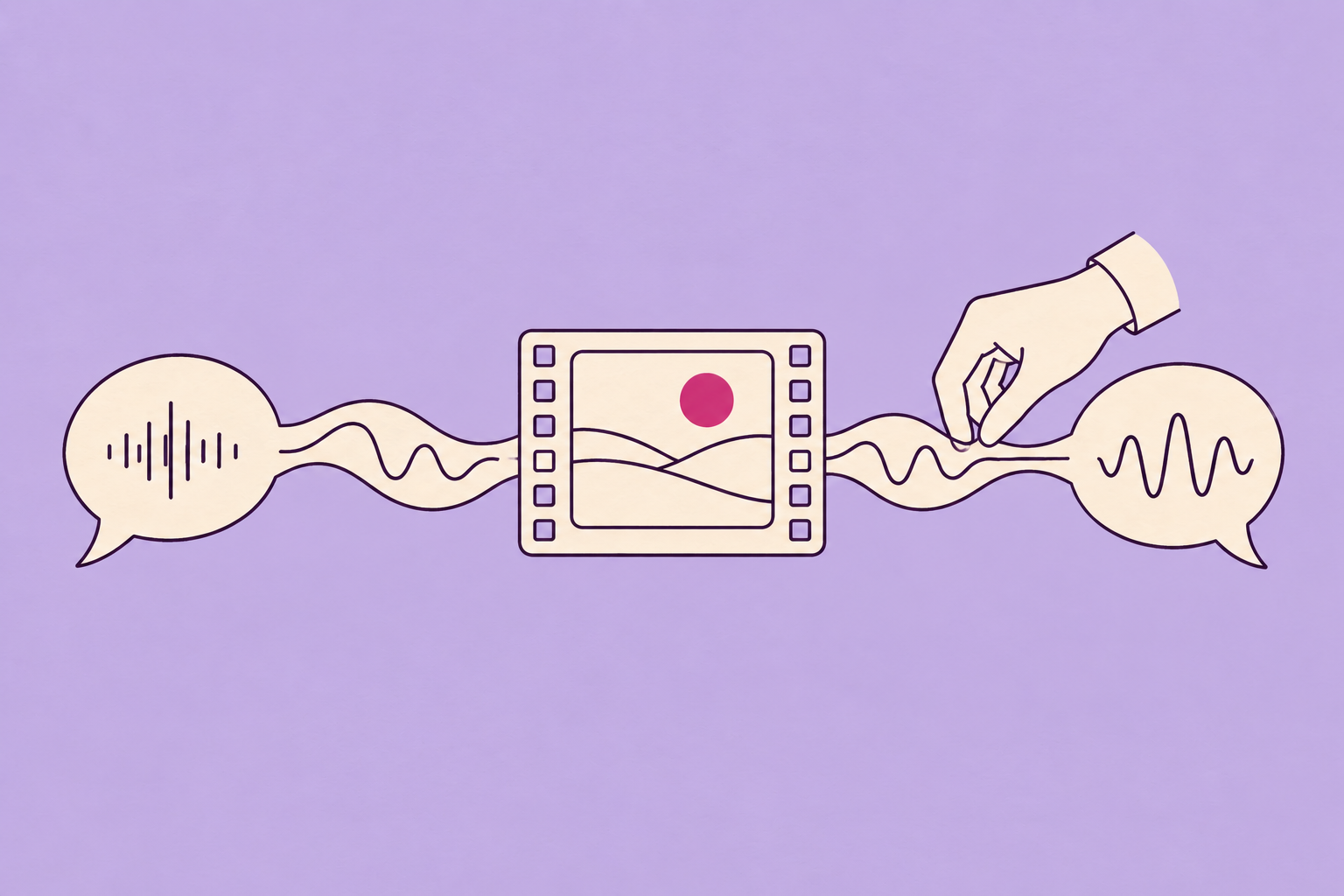 Two speech ribbons connected through a film frame above a continuous music ribbon, with a hand adjusting the new voice, in cream and purple on lavender
