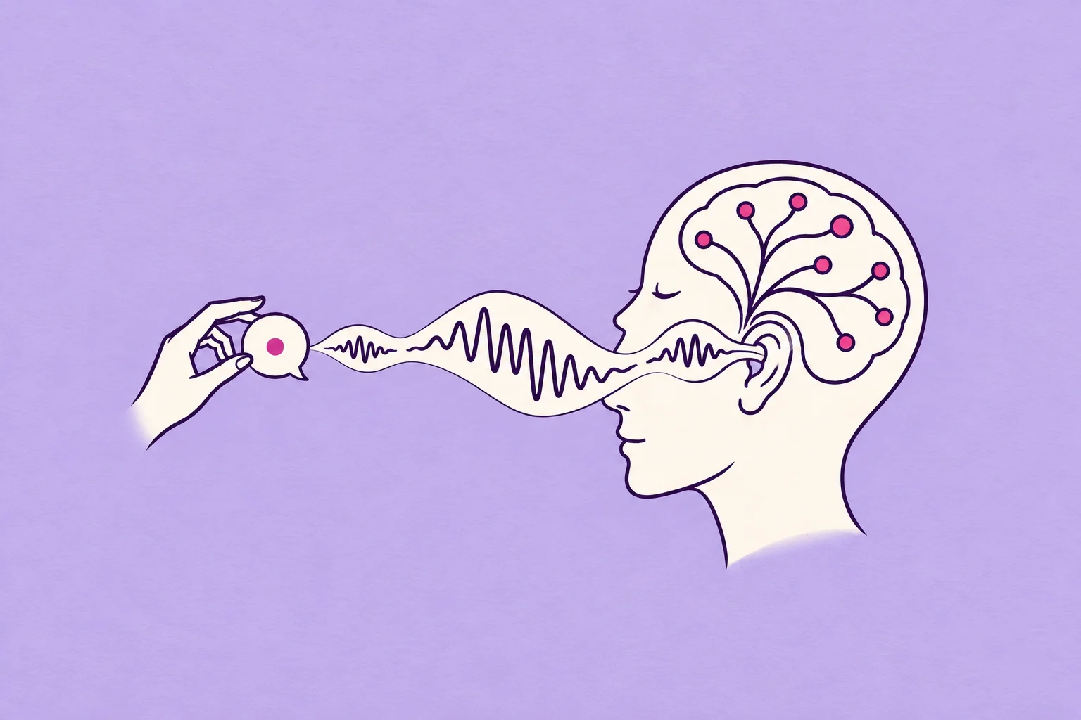A cream human profile listening, a sound wave reaches its ear and branches into a sparse elegant neural network inside the head