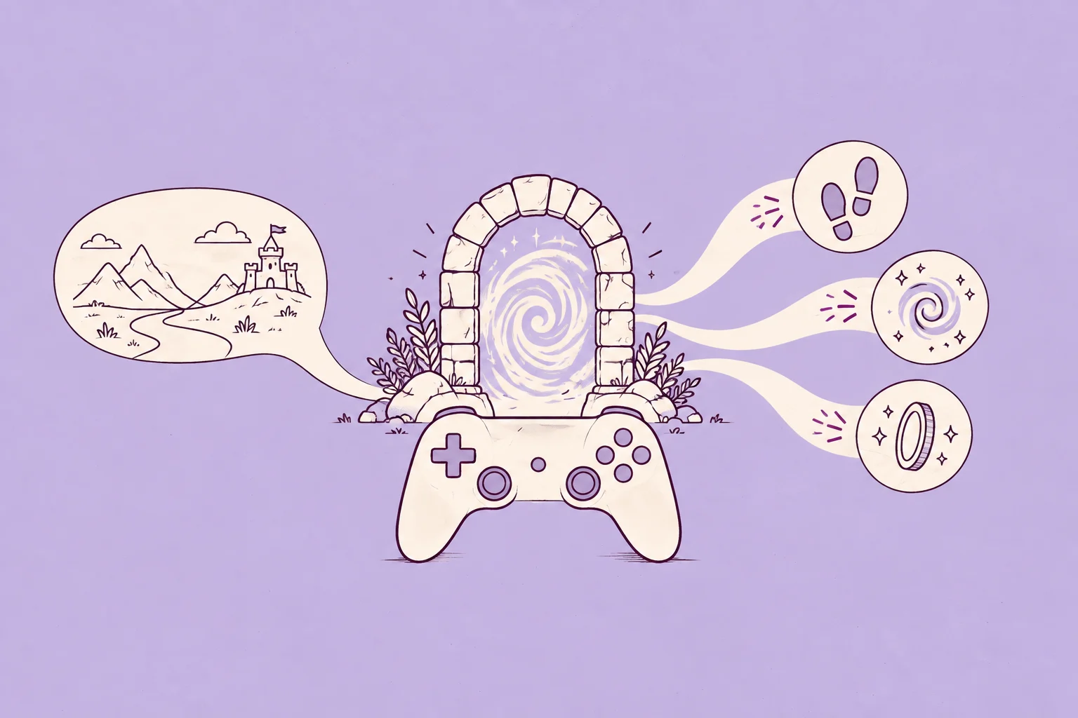 A cream game controller and portal connected to a story bubble, footsteps, energy and a reward coin, illustrated in purple on lavender