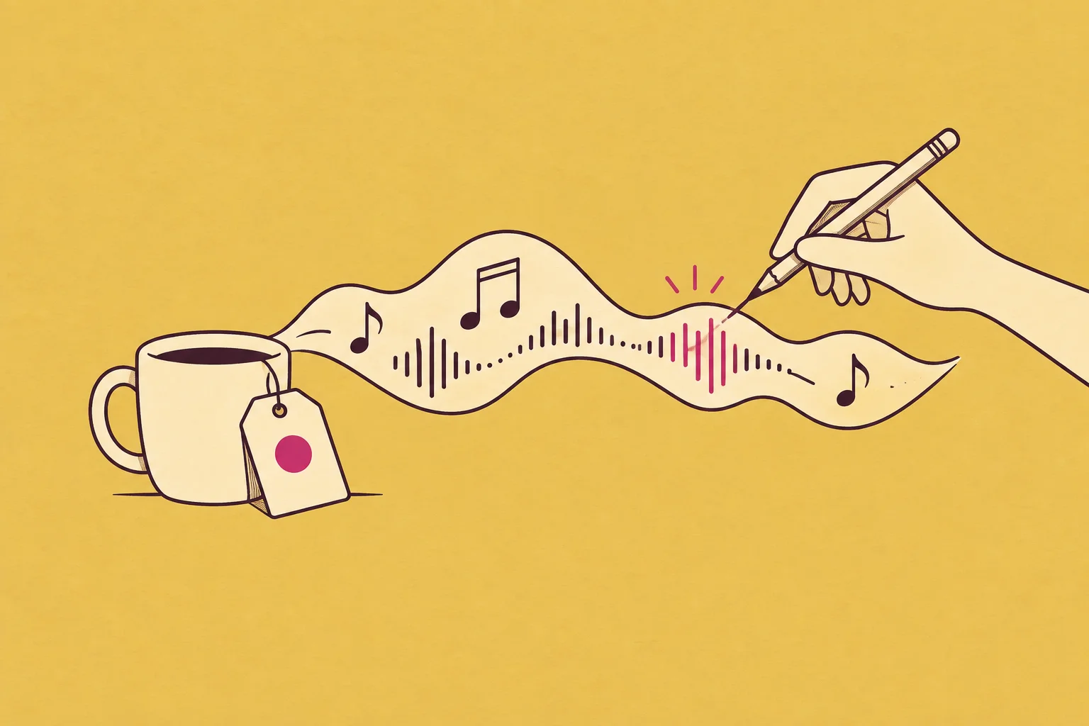 A coffee cup and brand tag connected to a musical ribbon, with a hand editing the sound in purple and cream on gold