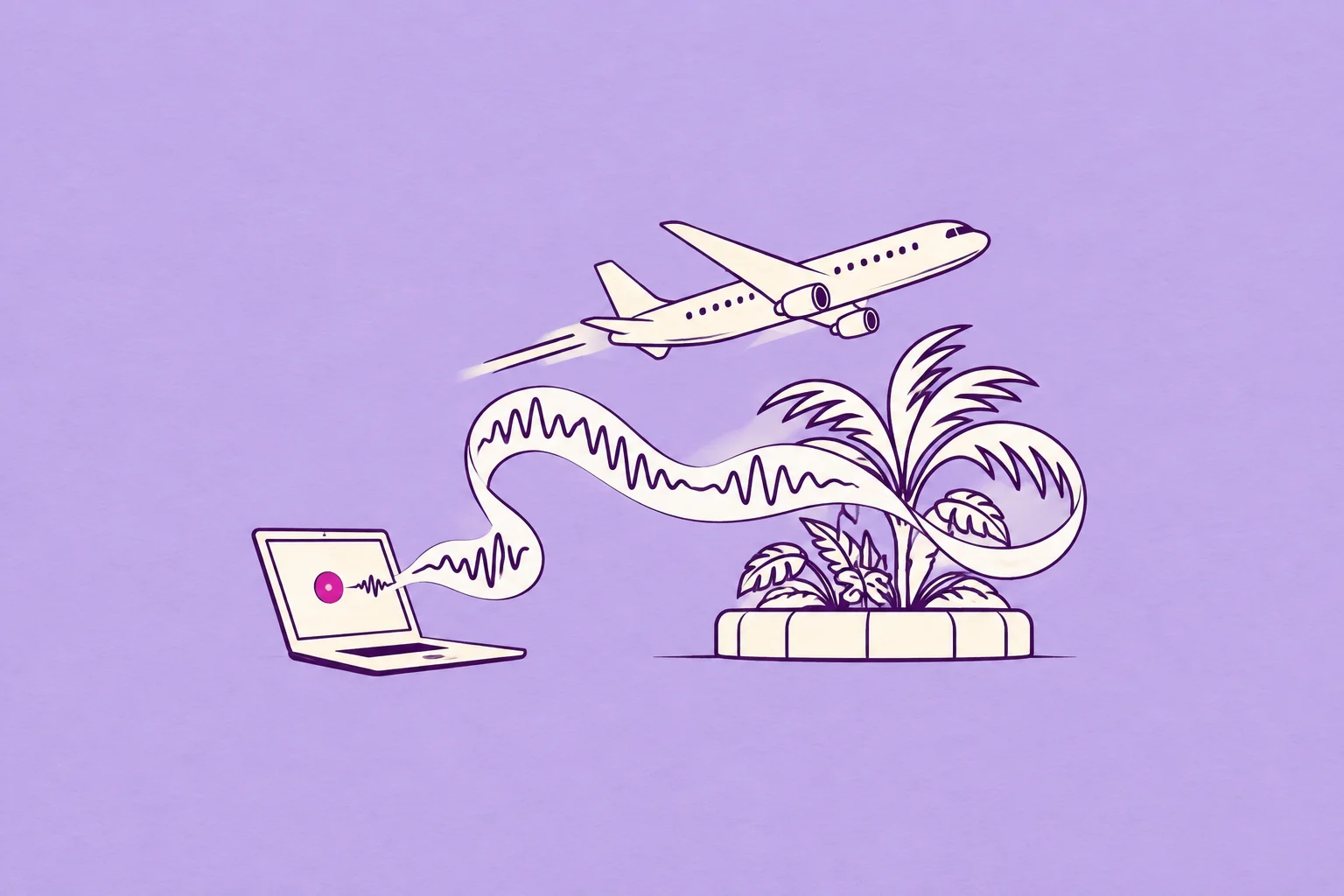 A cream passenger airplane gliding above a flowing musical ribbon which curves around a simple cream palm-leaf-shaped indoor garden