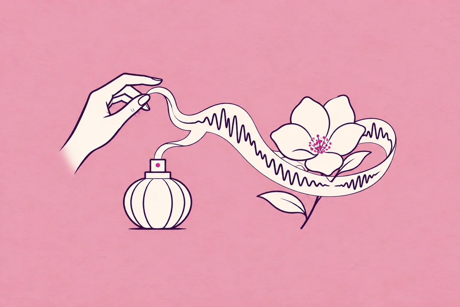 A graceful small unbranded perfume bottle, a hand softly lifting a scent ribbon that turns into a musical waveform and wraps around a single cream flower