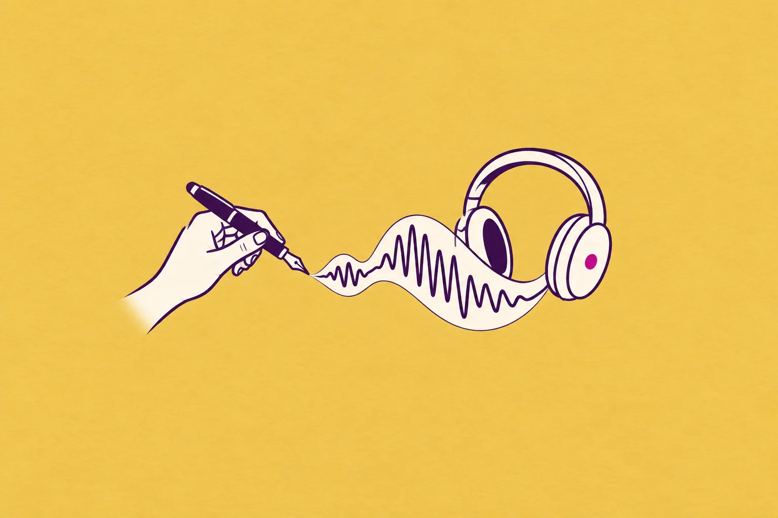 An elegant ink pen held by one hand, its written line transforms into a waveform beside a pair of cream headphones