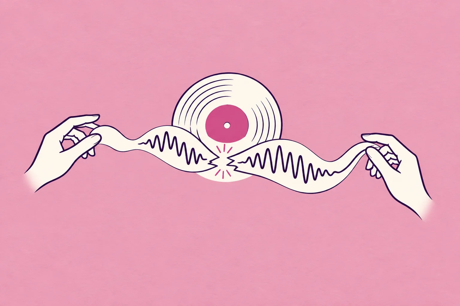 Two hands reconnect separated ends of a flowing cream musical ribbon, a small circular sound record behind it