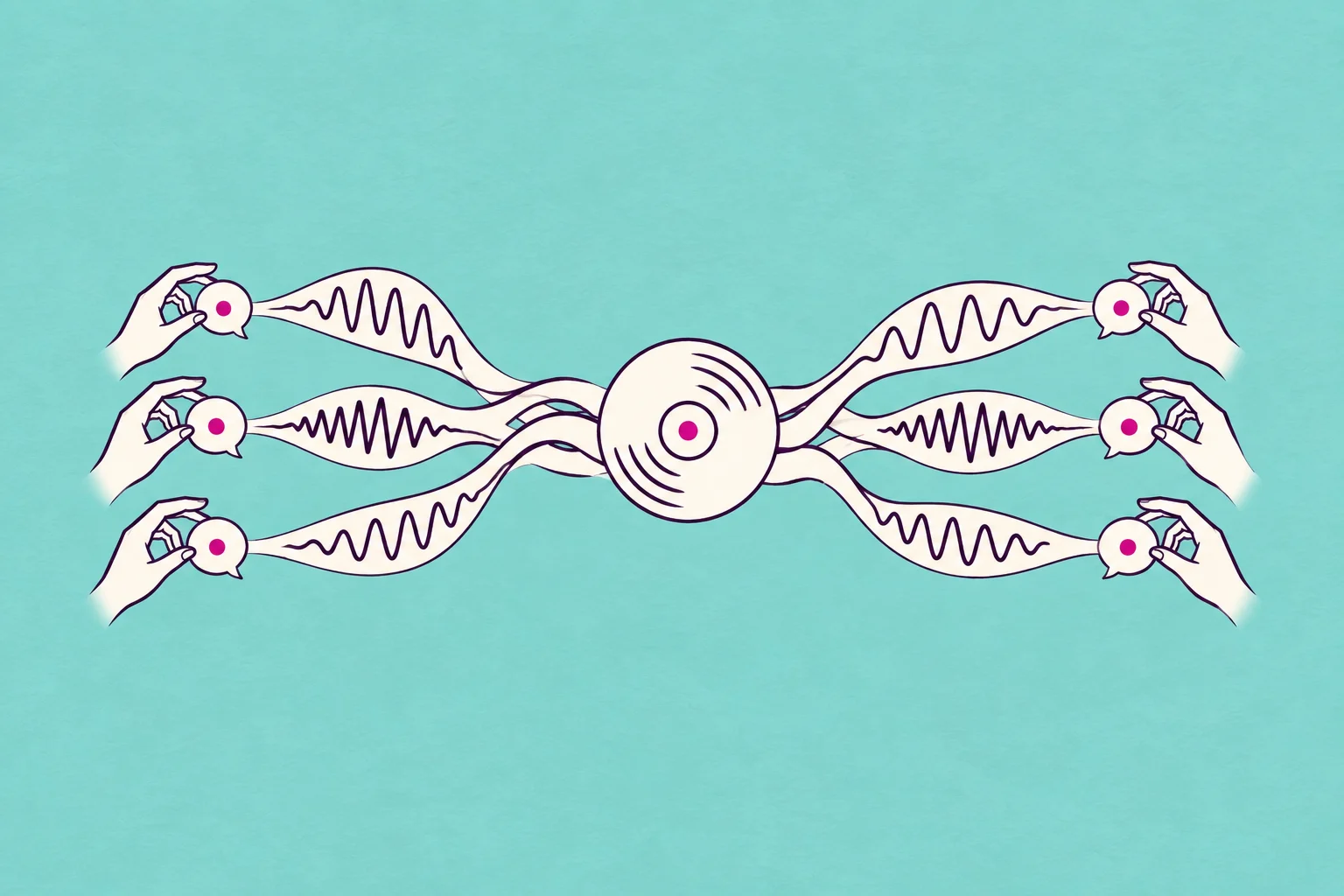 Three separate cream ribbons carrying different rhythms braid into a compact circular audio disc, then separate again