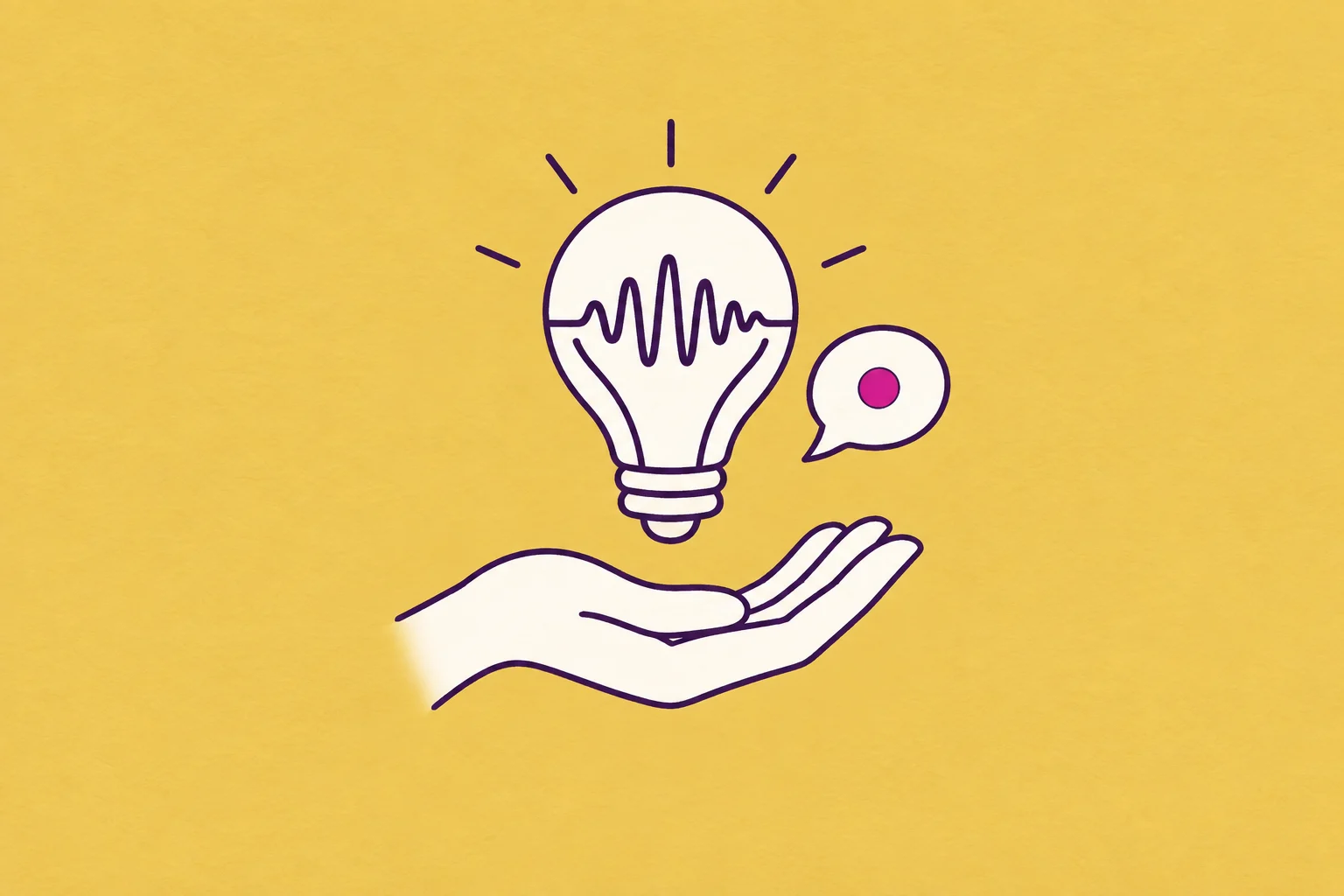 An elegant cream lightbulb with a musical waveform as its filament, an open hand below and a small speech bubble beside it