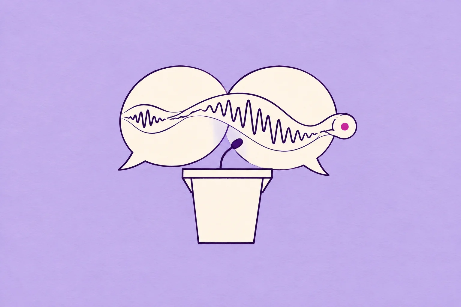 A sparse cream podium with a small microphone, behind it two overlapping conversation shapes and one flowing audio ribbon