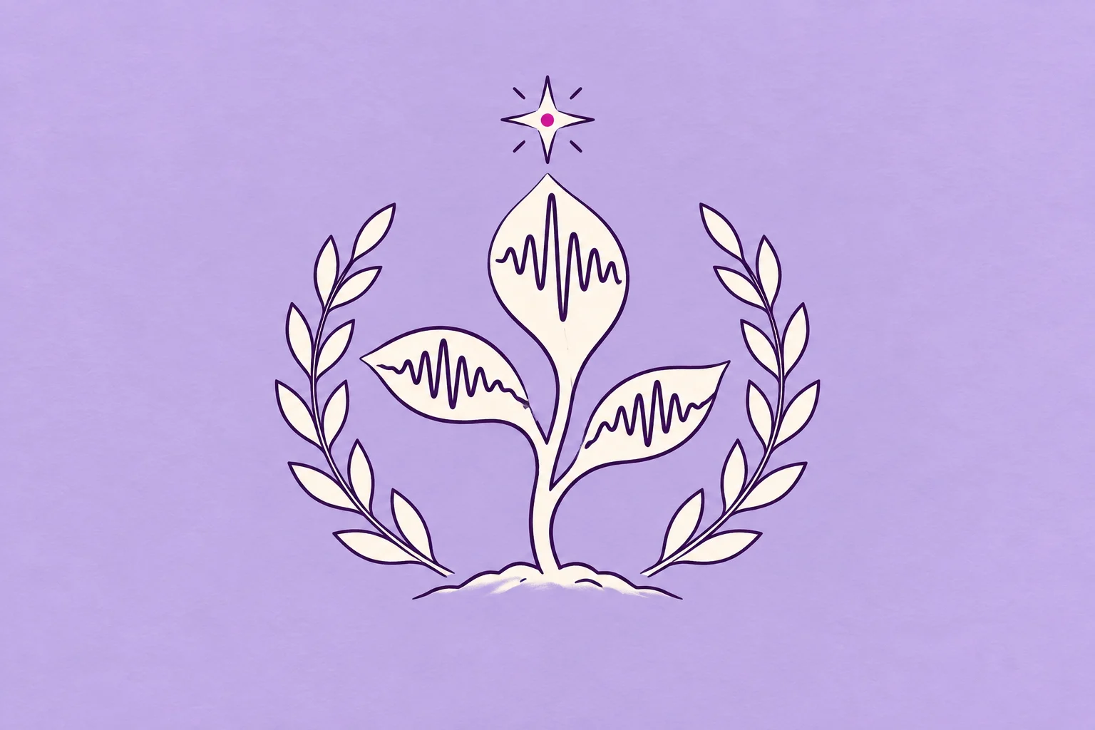 A tall growing cream stem bearing three soundwave-shaped leaves, framed by a simple laurel wreath and tiny star
