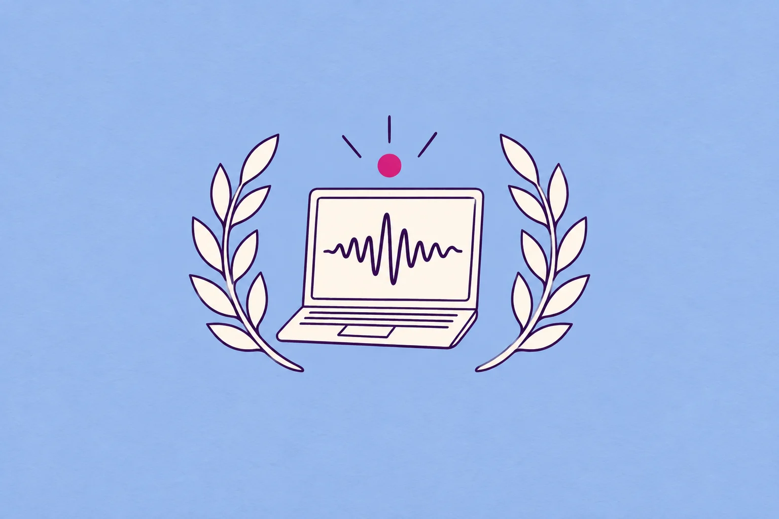 A small cream open laptop with a simple audio wave, framed by two graceful laurel branches and one magenta point