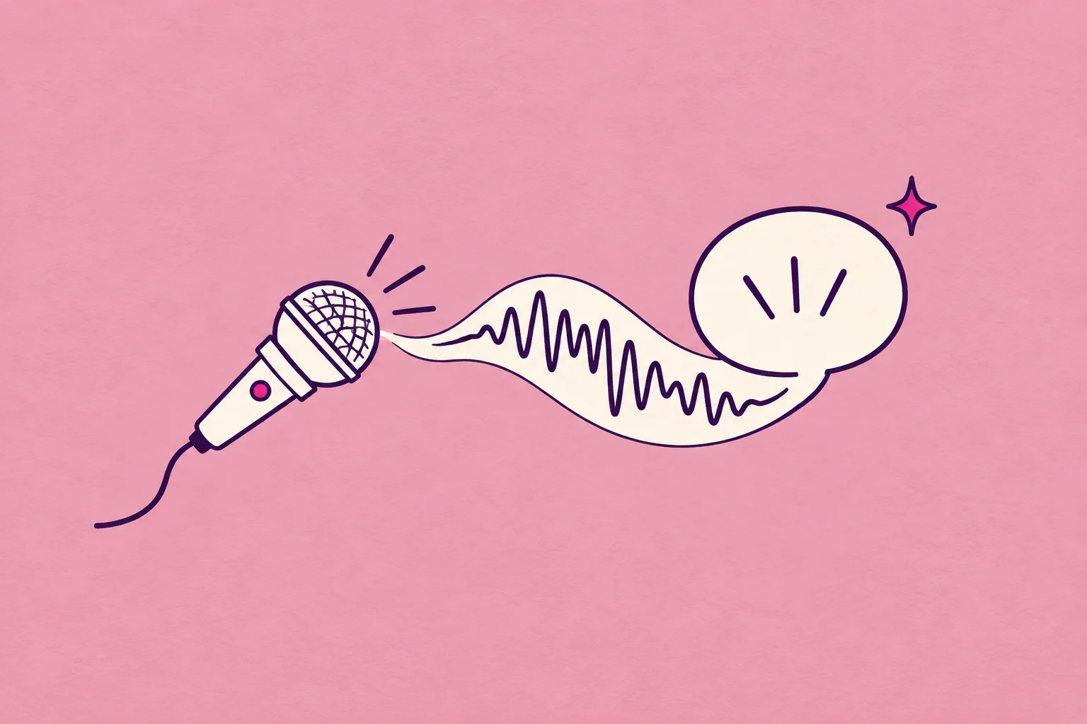 A cream interview microphone facing a cream speech bubble, its tail becomes a flowing soundwave, one tiny star accent