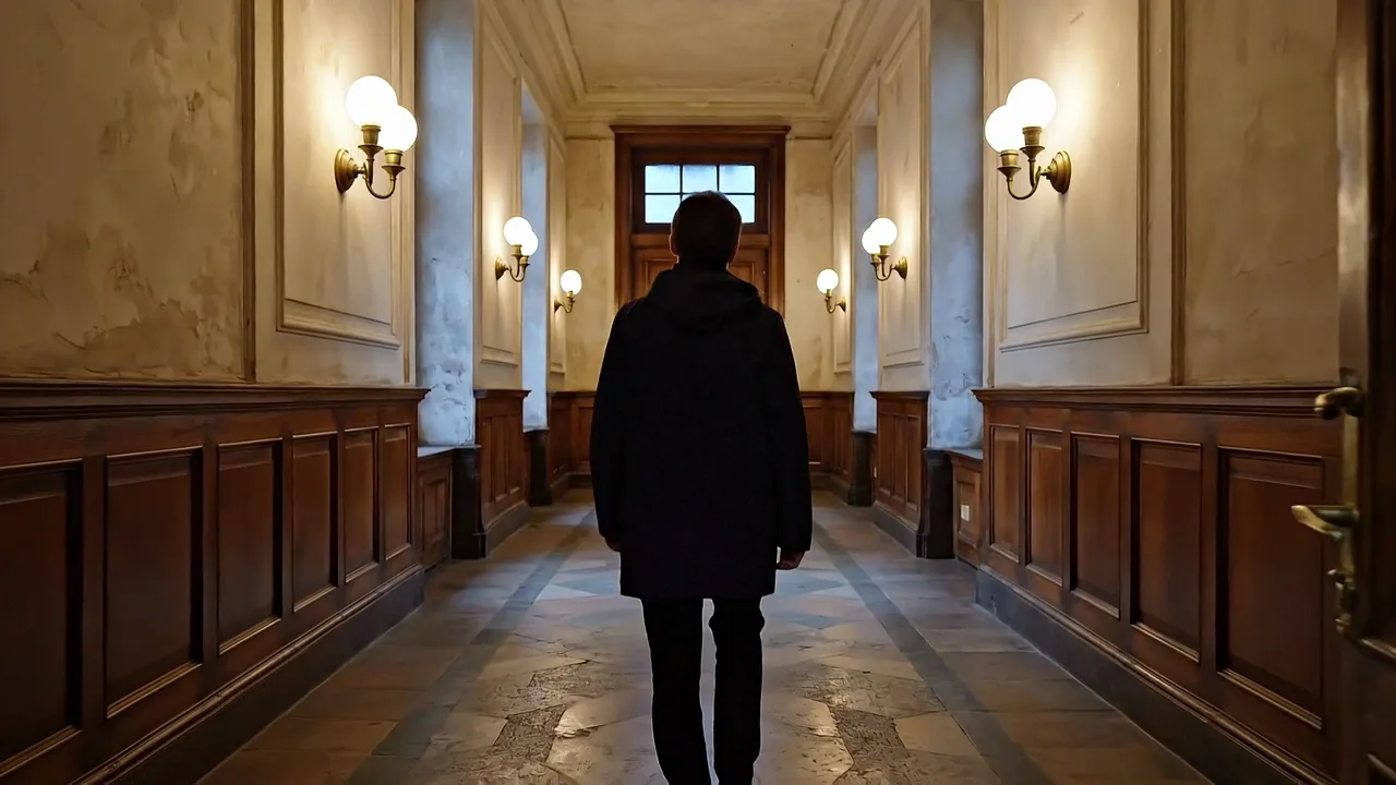 A person walking away down an indoor corridor