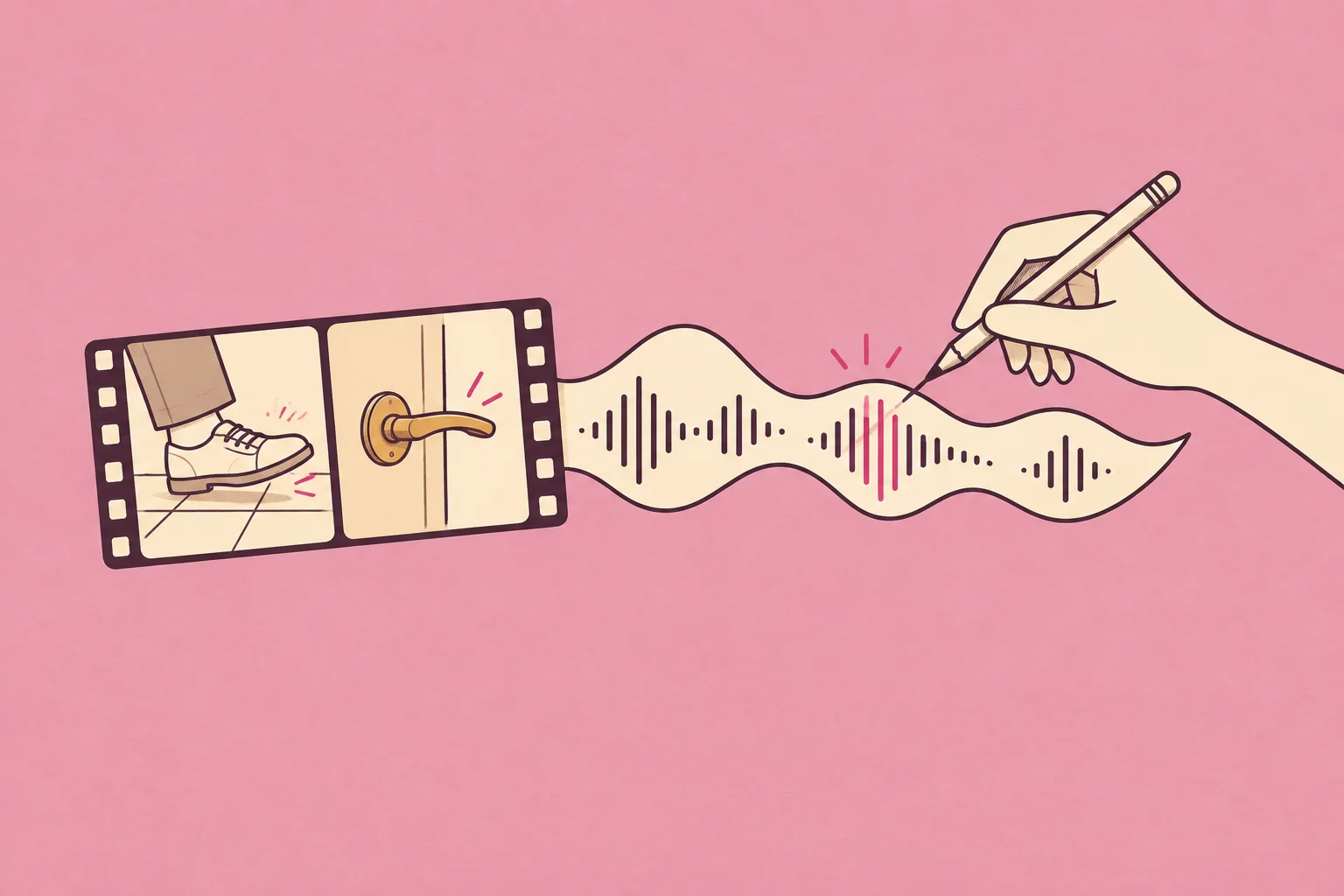 A shoe and door handle inside a film frame connect to a sound ribbon aligned by hand, in cream and plum on rose