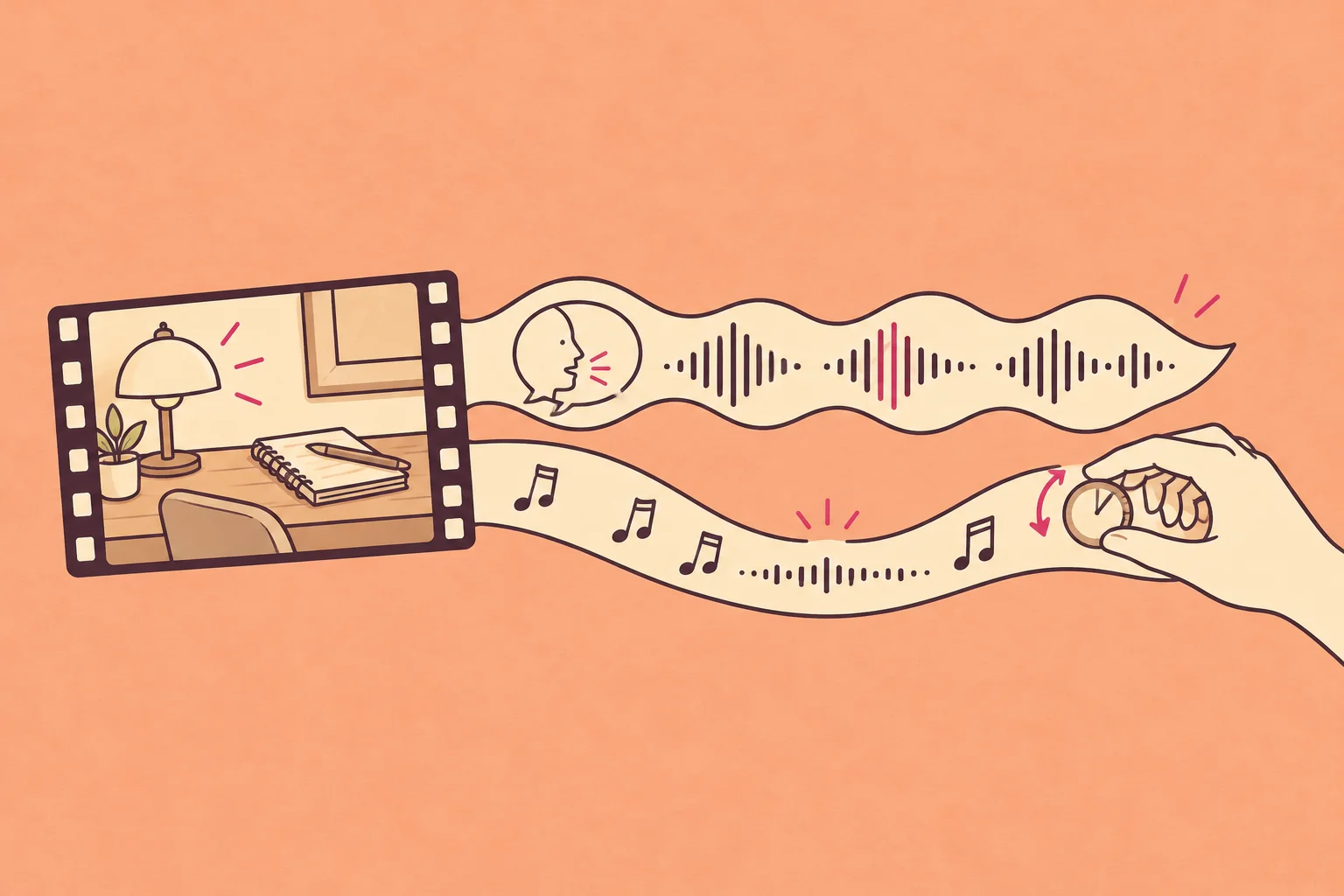 A desk-reset film with a clear voice ribbon above a music ribbon lowered by hand, in cream and plum on apricot