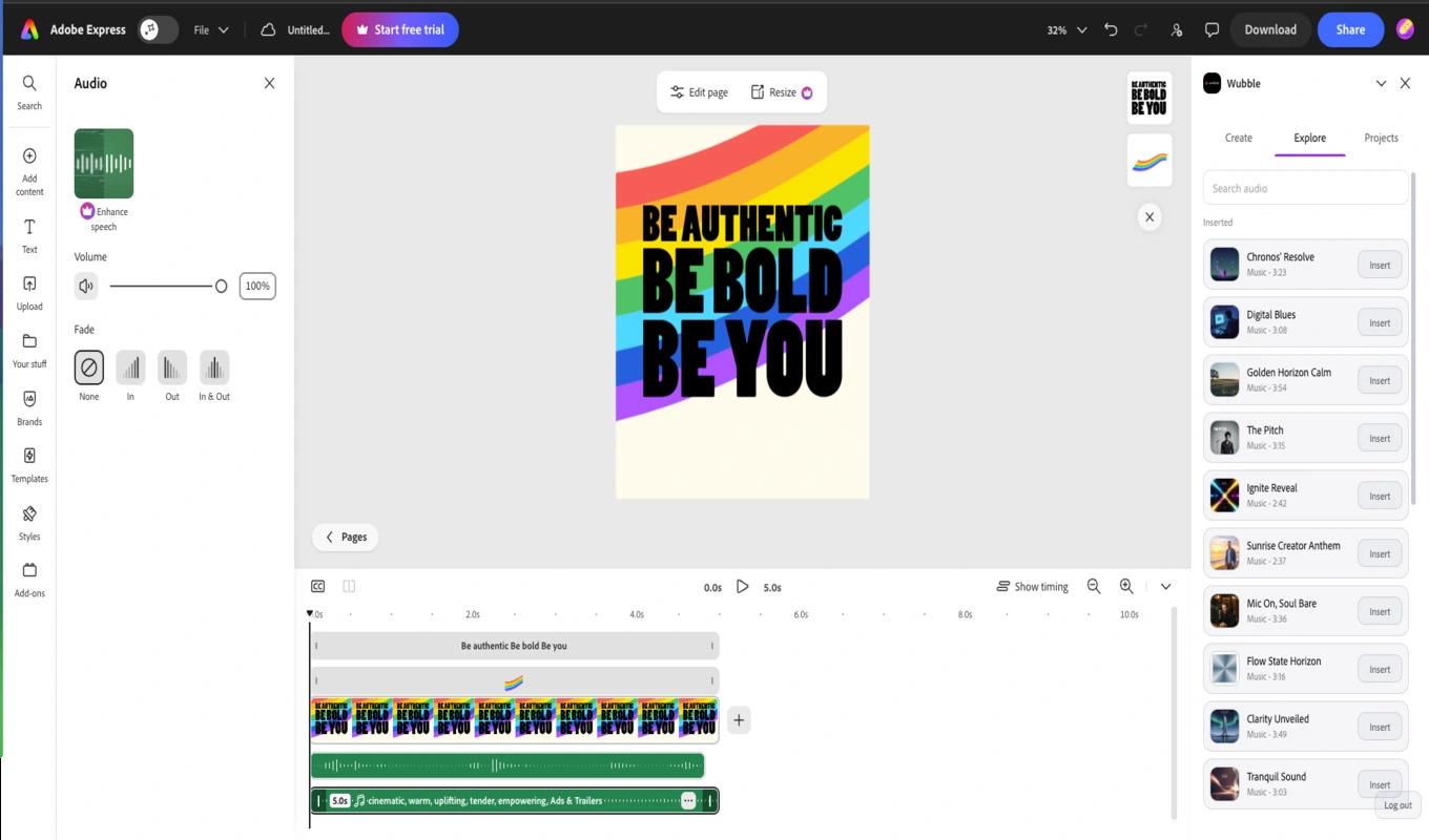 Wubble Explore library with audio previews and Insert buttons in Adobe Express