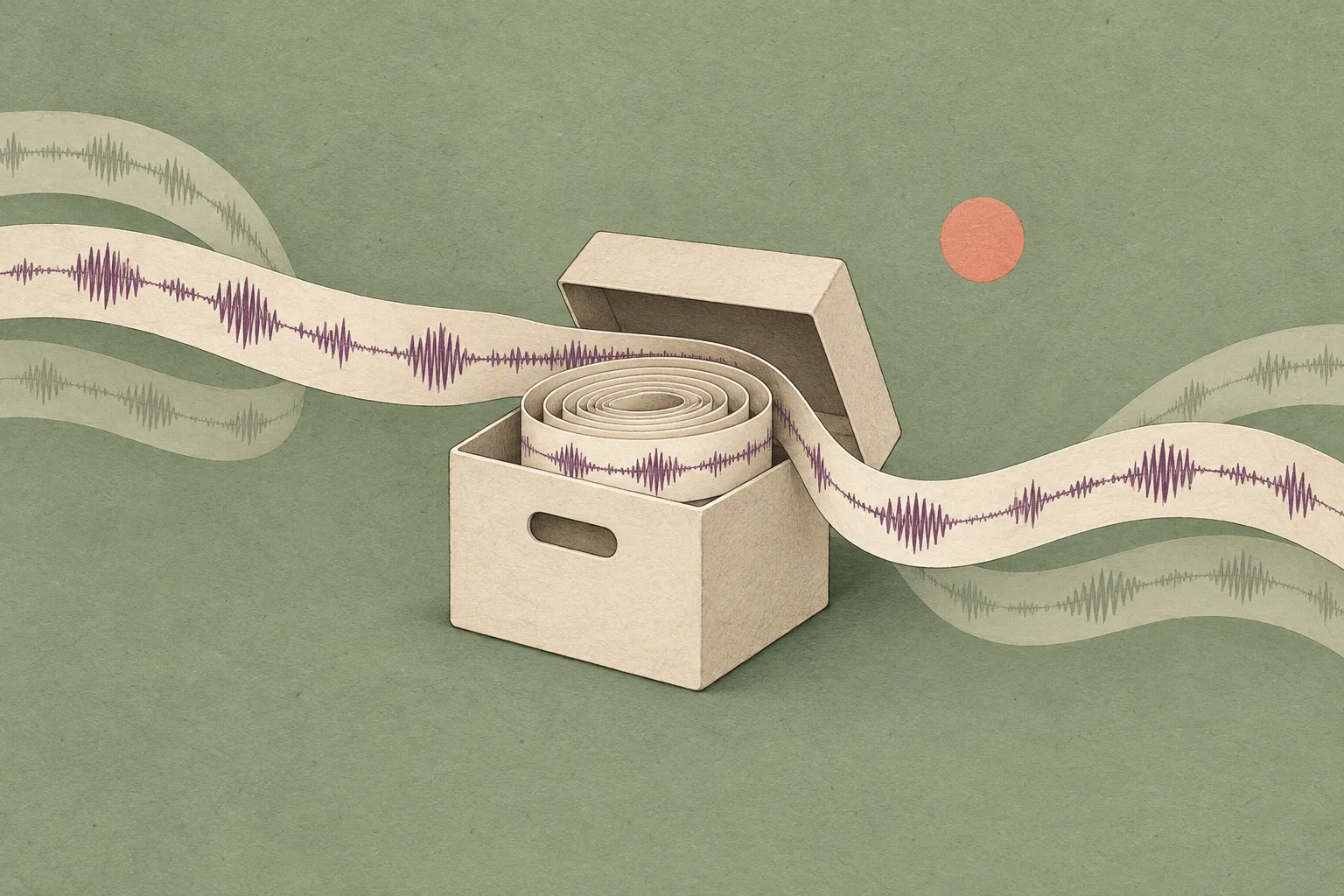 A continuous audio ribbon folds into a compact archive and emerges intact on a sage background