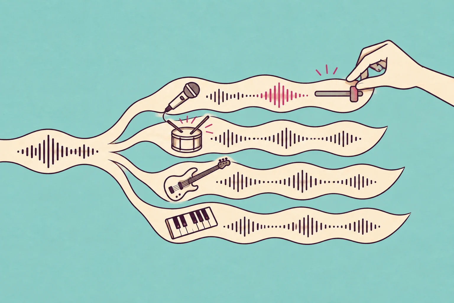 A music ribbon separates into vocal, drum, bass and keyboard layers while a hand adjusts only the vocal, illustrated in cream and plum on aqua