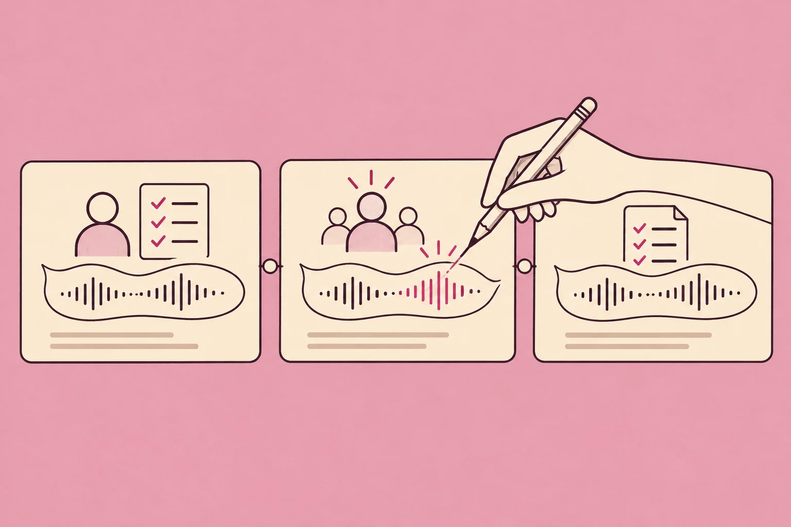 Three illustrated slides with speech ribbons, with a hand revising only the middle narration, in cream and plum on rose