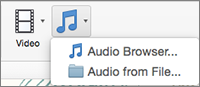 Audio menu showing Audio Browser and Audio from File in PowerPoint for Mac