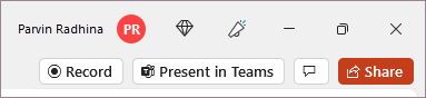 Record button beside Present in Teams and Share in Microsoft PowerPoint