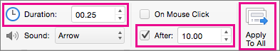 PowerPoint Transitions ribbon with Duration and After controls