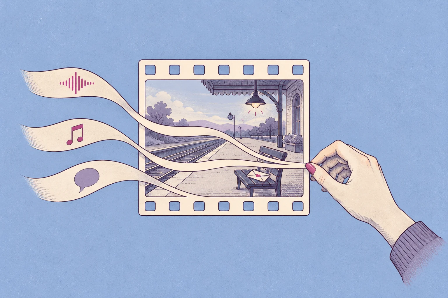 Three sound ribbons flow into an illustrated railway film scene, with a hand adjusting one layer, in cream and plum on blue