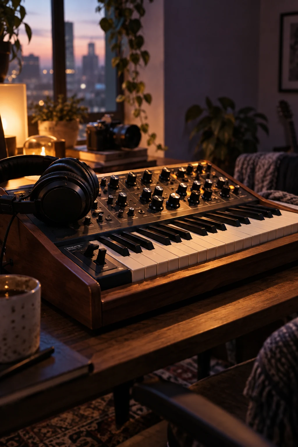 Synthesizer and headphones on a creator’s home desk, with a vlog camera in the background