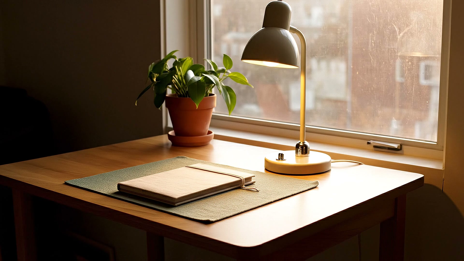 A warm creator desk reset, with a notebook, lamp and plant beside a window.