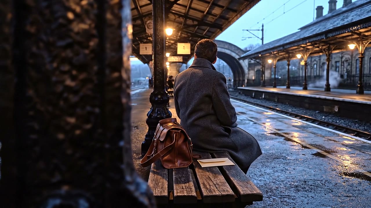 The same night-station scene with a different soundtrack direction