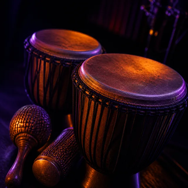 Hand drums and shakers under violet and orange studio lighting