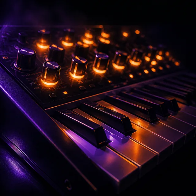 Analog synthesizer lit with violet and orange studio light