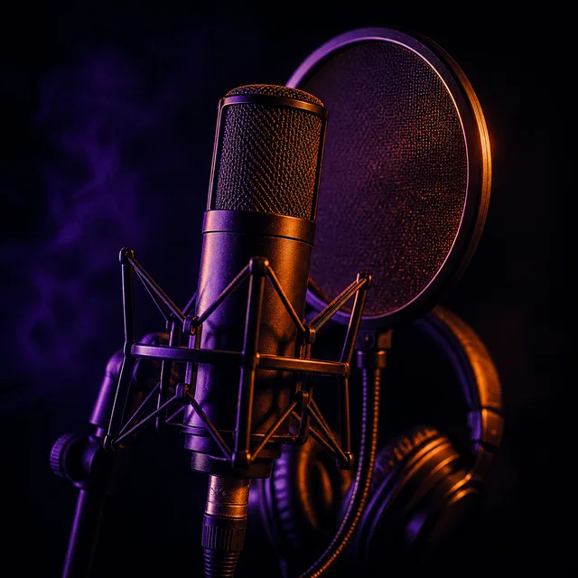 Studio microphone and pop filter in violet and orange light