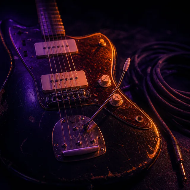 Worn electric guitar and cable in violet and orange light