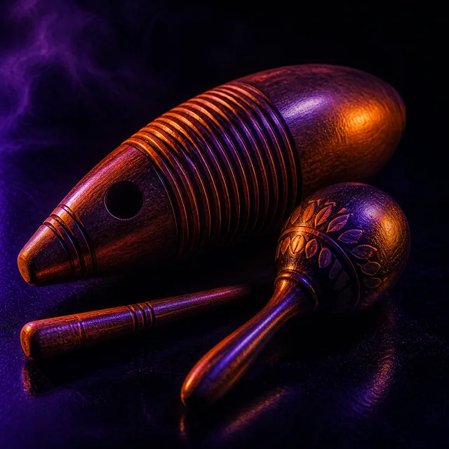 Wooden guiro and maraca in violet and orange light