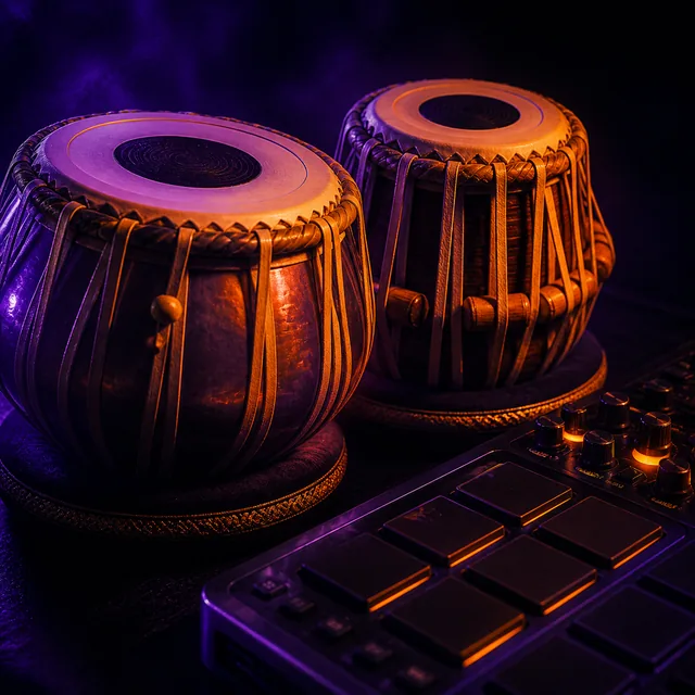 Tabla and a modern music pad under violet and orange light