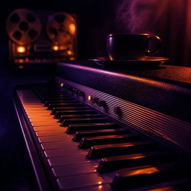 Electric piano, coffee cup, and tape reels in moody studio light