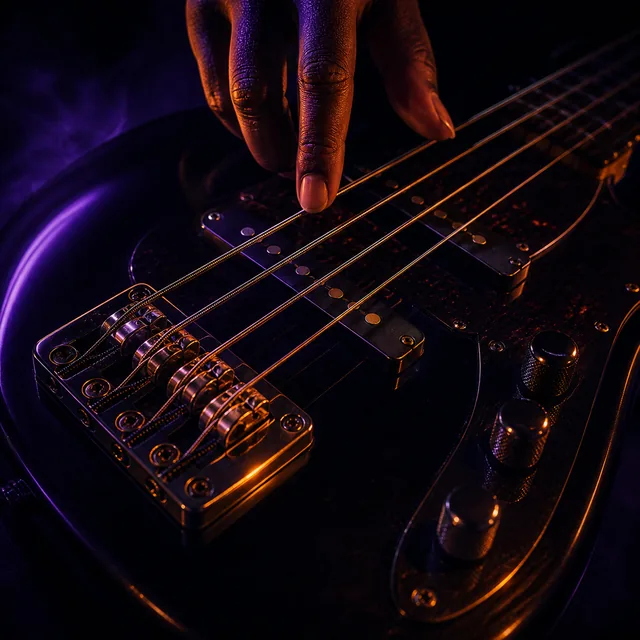 Electric bass strings and pickups in violet and orange studio light