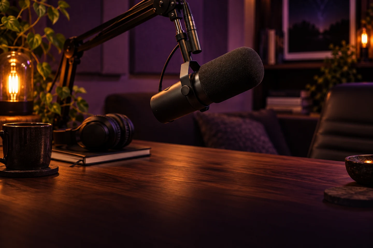 Small Hours — Spanish edition, a warmly lit podcast studio