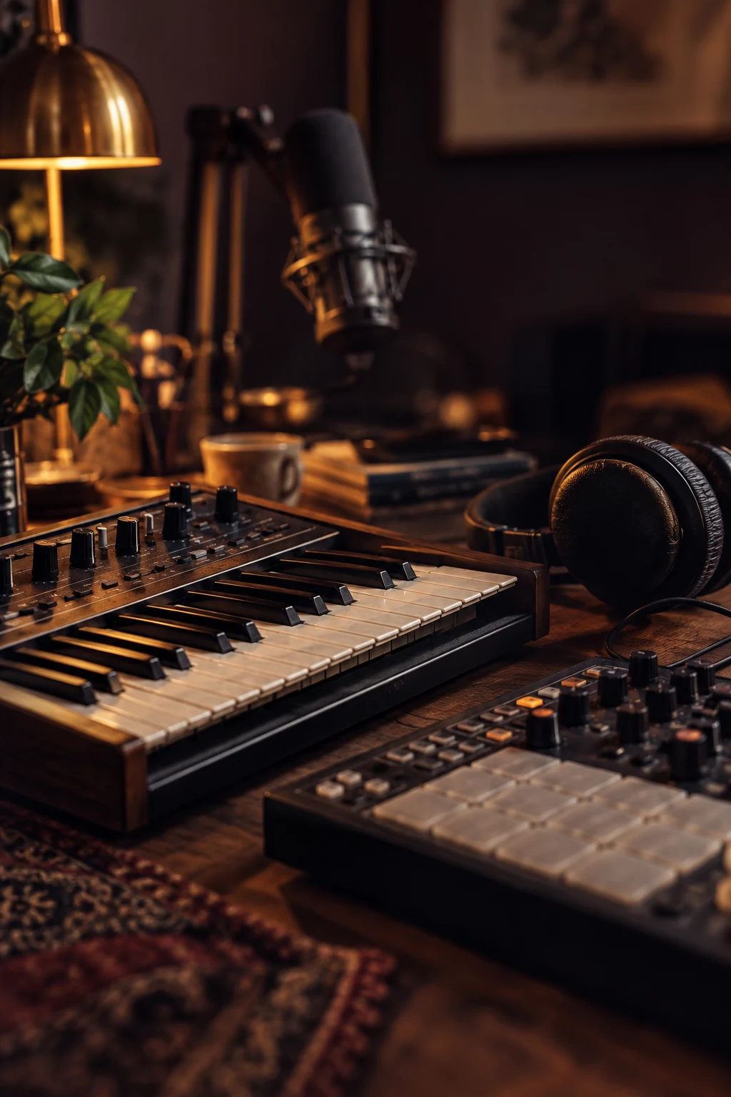 Analog keys and headphones on a warm, late-night podcast production desk
